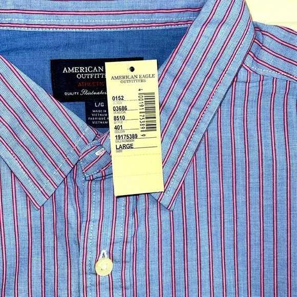 NWT American Eagle Blue & Pink striped Button up Athletic Fit Long Sleeve Shirt - Picture 3 of 4